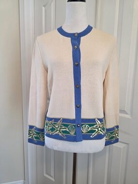 St John Marie Gray Vintage Santana Knit Nautical Cardigan Starfish Size 4